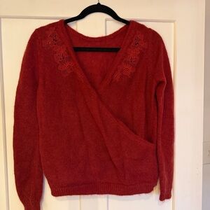 Sezane Red V-Neck Sweater with Floral Embroidery
